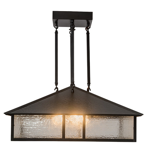 Meyda Lighting Double Bar Mission 34" 3-Light Craftsman Brown Pendant Light With Clear Seeded Shade Glass