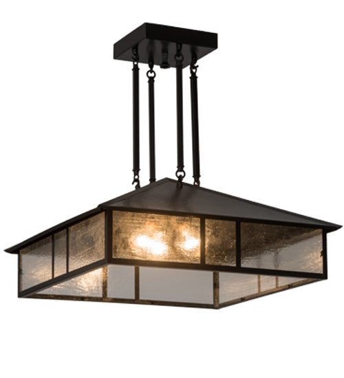 Meyda Lighting Double Bar Mission 34" 3-Light Craftsman Brown Pendant Light With Clear Seeded Shade Glass