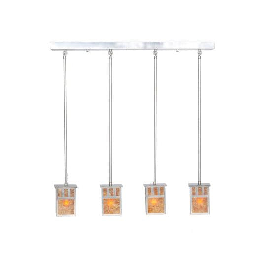 Meyda Lighting Double Bar Mission 36" 4-Light Brushed Nickel Island Pendant Light With Amber Mica Shade Glass