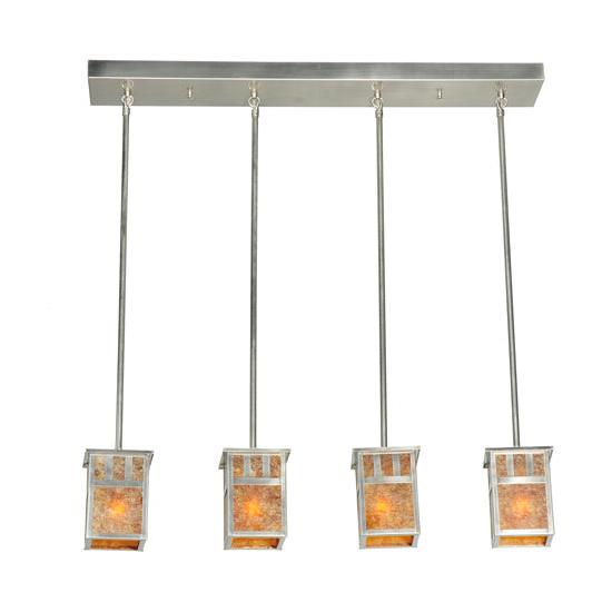 Meyda Lighting Double Bar Mission 36" 4-Light Brushed Nickel Island Pendant Light With Amber Mica Shade Glass