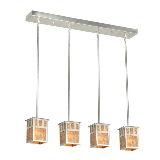 Meyda Lighting Double Bar Mission 36" 4-Light Brushed Nickel Island Pendant Light With Amber Mica Shade Glass