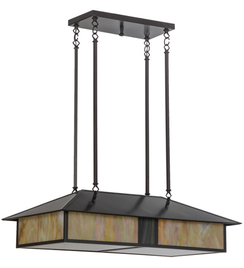 Meyda Lighting Double Bar Mission 36" 4-Light Craftsman Brown Island Pendant Light With Beige Iridescent Shade Glass
