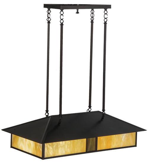 Meyda Lighting Double Bar Mission 36" 4-Light Craftsman Brown Island Pendant Light With Beige Iridescent Shade Glass