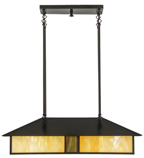 Meyda Lighting Double Bar Mission 36" 4-Light Craftsman Brown Island Pendant Light With Beige Iridescent Shade Glass