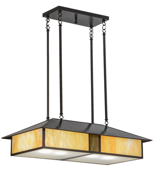 Meyda Lighting Double Bar Mission 36" 4-Light Craftsman Brown Island Pendant Light With Beige Iridescent Shade Glass
