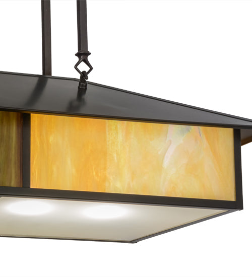 Meyda Lighting Double Bar Mission 36" 4-Light Craftsman Brown Island Pendant Light With Beige Iridescent Shade Glass