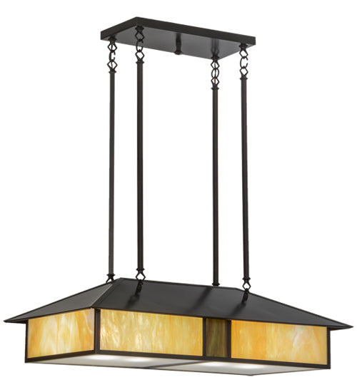 Meyda Lighting Double Bar Mission 36" 4-Light Craftsman Brown Island Pendant Light With Beige Iridescent Shade Glass