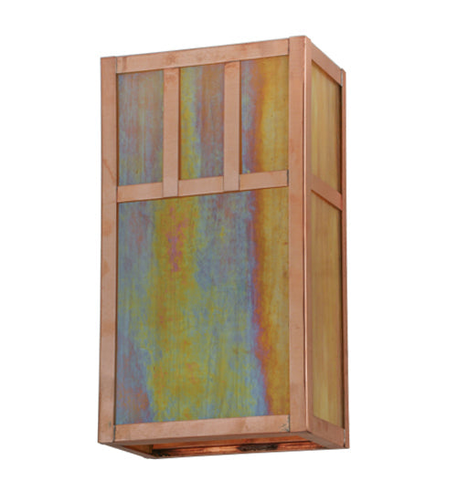 Meyda Lighting Double Bar Mission 7" 2-Light Natural Copper Wall Sconce With Beige Iridescent Shade Glass