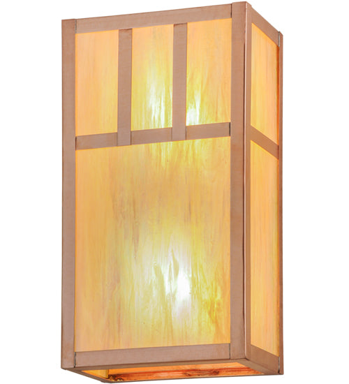 Meyda Lighting Double Bar Mission 7" 2-Light Natural Copper Wall Sconce With Beige Iridescent Shade Glass