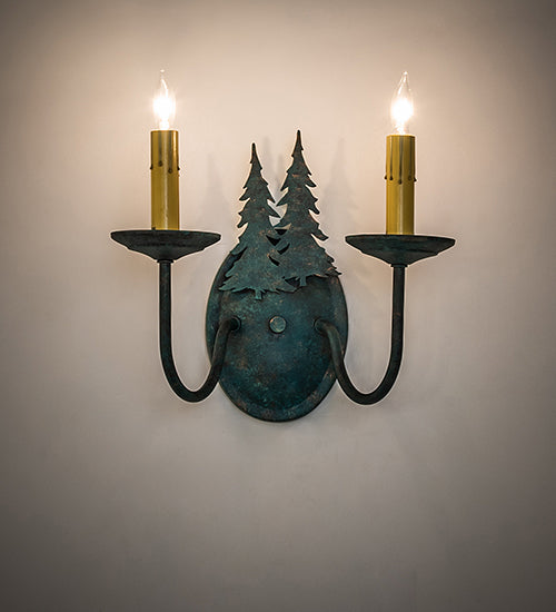 Meyda Lighting Double Pine Tree 11" 2-Light Golden Verde Wall Sconce With Amber Faux Candlelight