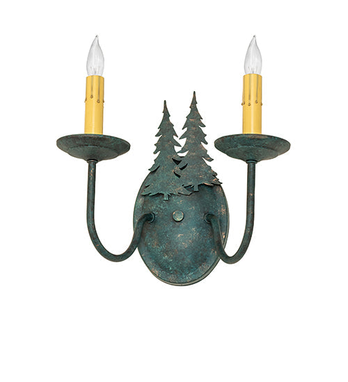 Meyda Lighting Double Pine Tree 11" 2-Light Golden Verde Wall Sconce With Amber Faux Candlelight