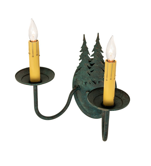 Meyda Lighting Double Pine Tree 11" 2-Light Golden Verde Wall Sconce With Amber Faux Candlelight