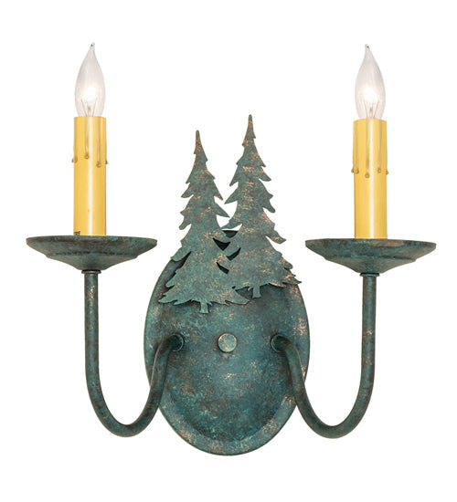 Meyda Lighting Double Pine Tree 11" 2-Light Golden Verde Wall Sconce With Amber Faux Candlelight
