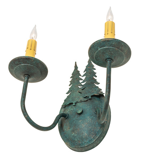 Meyda Lighting Double Pine Tree 11" 2-Light Golden Verde Wall Sconce With Amber Faux Candlelight