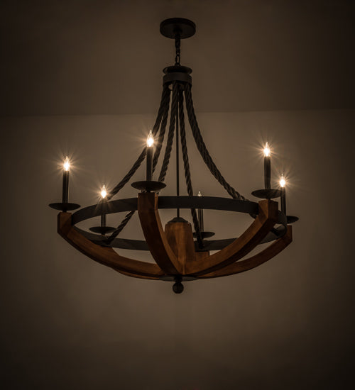 Meyda Lighting Doyle 42" 6-Light Wrought Iron & Mapple Wood Chandelier With Black Faux Candlelight