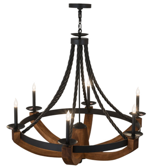 Meyda Lighting Doyle 42" 6-Light Wrought Iron & Mapple Wood Chandelier With Black Faux Candlelight