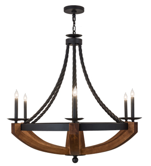 Meyda Lighting Doyle 42" 6-Light Wrought Iron & Mapple Wood Chandelier With Black Faux Candlelight