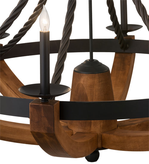 Meyda Lighting Doyle 42" 6-Light Wrought Iron & Mapple Wood Chandelier With Black Faux Candlelight