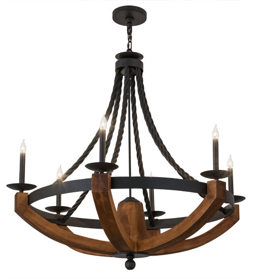 Meyda Lighting Doyle 42" 6-Light Wrought Iron & Mapple Wood Chandelier With Black Faux Candlelight