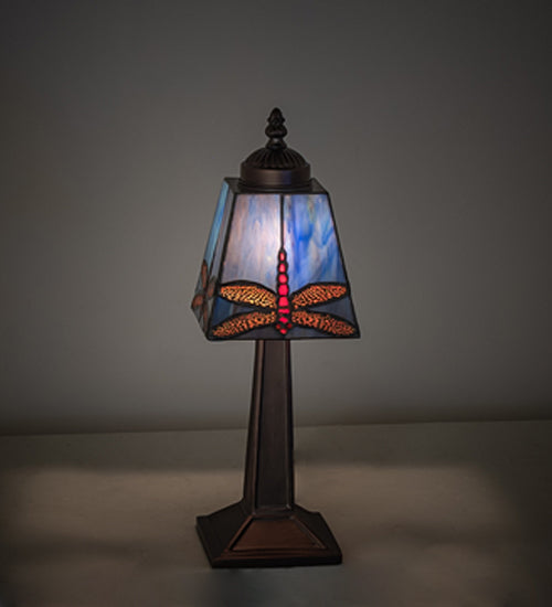 Meyda Lighting Dragonfly 10" Mahogany Bronze Mini Table Lamp With Multi-Colored Stained Shade Glass