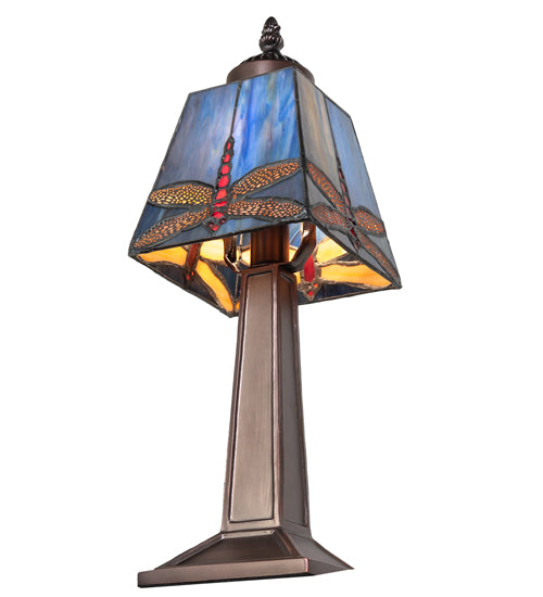 Meyda Lighting Dragonfly 10" Mahogany Bronze Mini Table Lamp With Multi-Colored Stained Shade Glass