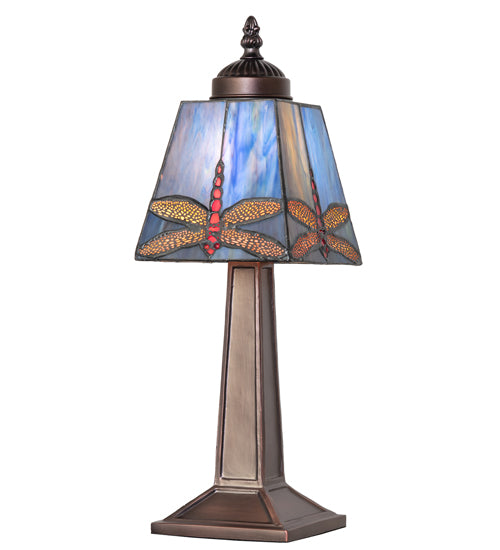 Meyda Lighting Dragonfly 10" Mahogany Bronze Mini Table Lamp With Multi-Colored Stained Shade Glass
