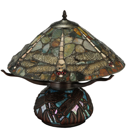 Meyda Lighting Dragonfly 17" 2-Light Mahogany Bronze Cut Agata Table Lamp With Multi-Colored Shade Glass