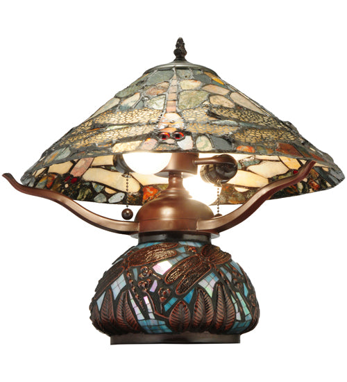 Meyda Lighting Dragonfly 17" 2-Light Mahogany Bronze Cut Agata Table Lamp With Multi-Colored Shade Glass