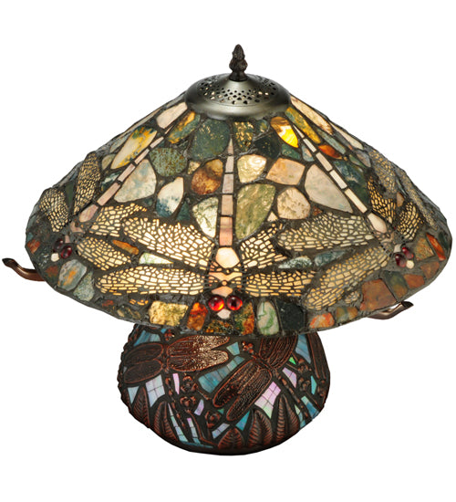 Meyda Lighting Dragonfly 17" 2-Light Mahogany Bronze Cut Agata Table Lamp With Multi-Colored Shade Glass