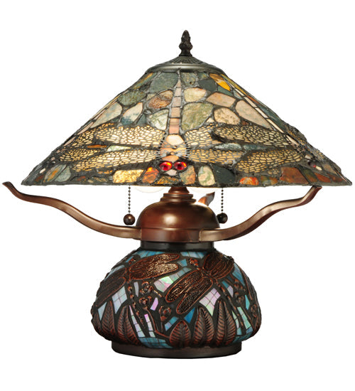 Meyda Lighting Dragonfly 17" 2-Light Mahogany Bronze Cut Agata Table Lamp With Multi-Colored Shade Glass