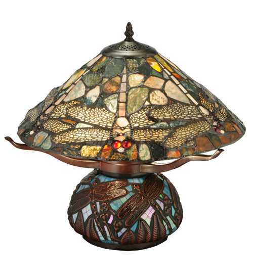 Meyda Lighting Dragonfly 17" 2-Light Mahogany Bronze Cut Agata Table Lamp With Multi-Colored Shade Glass