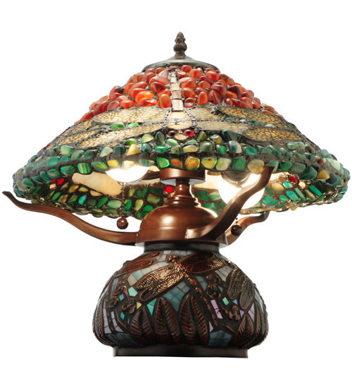 Meyda Lighting Dragonfly 17" 2-Light Mahogany Bronze Polished Agata Table Lamp With Multi-Colored Shade Glass