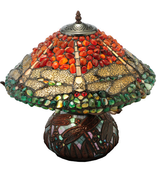 Meyda Lighting Dragonfly 17" 2-Light Mahogany Bronze Polished Agata Table Lamp With Multi-Colored Shade Glass
