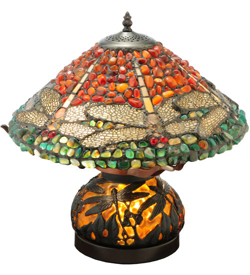 Meyda Lighting Dragonfly 17" 3-Light Mahogany Bronze Polished Agata Table Lamp With Multi-Colored Shade Glass and Lighted Base