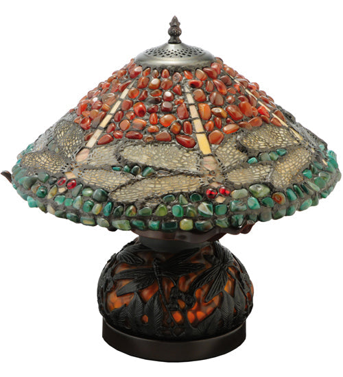 Meyda Lighting Dragonfly 17" 3-Light Mahogany Bronze Polished Agata Table Lamp With Multi-Colored Shade Glass and Lighted Base