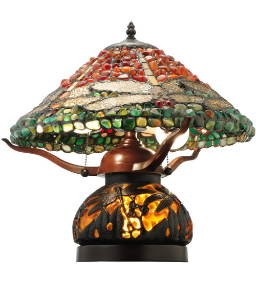 Meyda Lighting Dragonfly 17" 3-Light Mahogany Bronze Polished Agata Table Lamp With Multi-Colored Shade Glass and Lighted Base