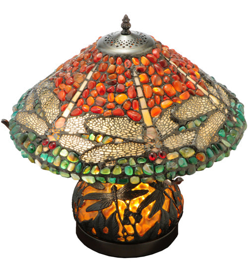 Meyda Lighting Dragonfly 17" 3-Light Mahogany Bronze Polished Agata Table Lamp With Multi-Colored Shade Glass and Lighted Base