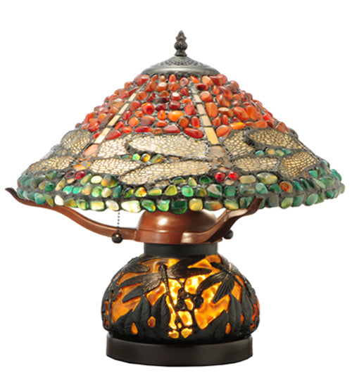 Meyda Lighting Dragonfly 17" 3-Light Mahogany Bronze Polished Agata Table Lamp With Multi-Colored Shade Glass and Lighted Base