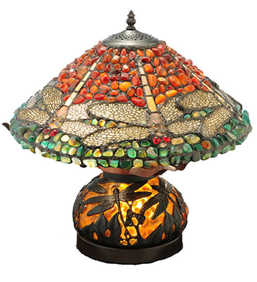 Meyda Lighting Dragonfly 17" 3-Light Mahogany Bronze Polished Agata Table Lamp With Multi-Colored Shade Glass and Lighted Base