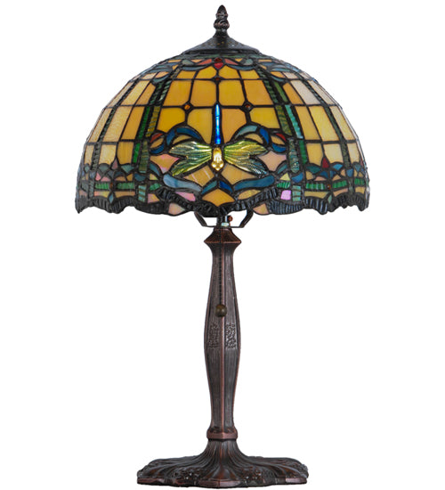 Meyda Lighting Dragonfly 19" Mahogany Bronze Trellis Accent Table Lamp With Multi-Colored Shade Glass