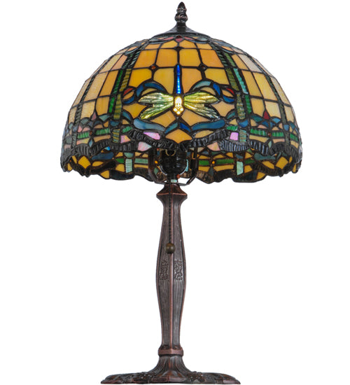 Meyda Lighting Dragonfly 19" Mahogany Bronze Trellis Accent Table Lamp With Multi-Colored Shade Glass