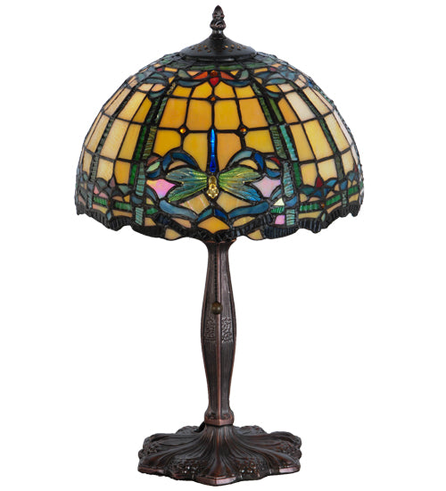 Meyda Lighting Dragonfly 19" Mahogany Bronze Trellis Accent Table Lamp With Multi-Colored Shade Glass