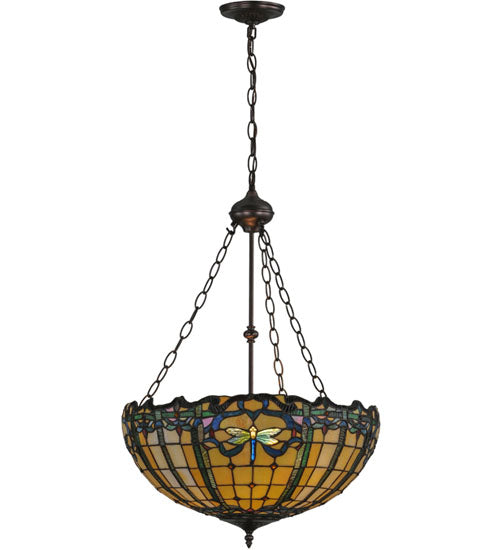 Meyda Lighting Dragonfly 20" 2-Light Mahogany Bronze Trellis Inverted Pendant Light With Multi-Colored Shade Glass
