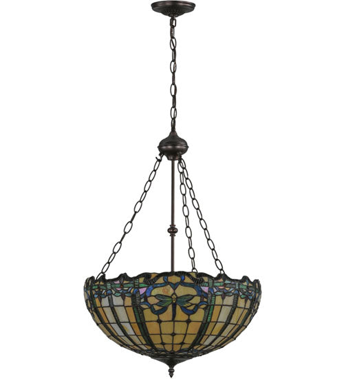 Meyda Lighting Dragonfly 20" 2-Light Mahogany Bronze Trellis Inverted Pendant Light With Multi-Colored Shade Glass