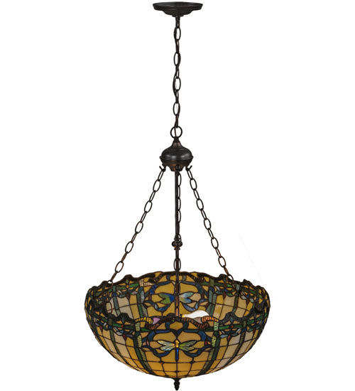 Meyda Lighting Dragonfly 20" 2-Light Mahogany Bronze Trellis Inverted Pendant Light With Multi-Colored Shade Glass