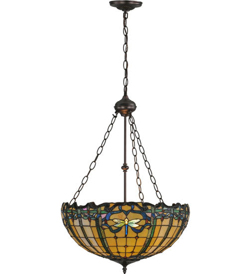 Meyda Lighting Dragonfly 20" 2-Light Mahogany Bronze Trellis Inverted Pendant Light With Multi-Colored Shade Glass