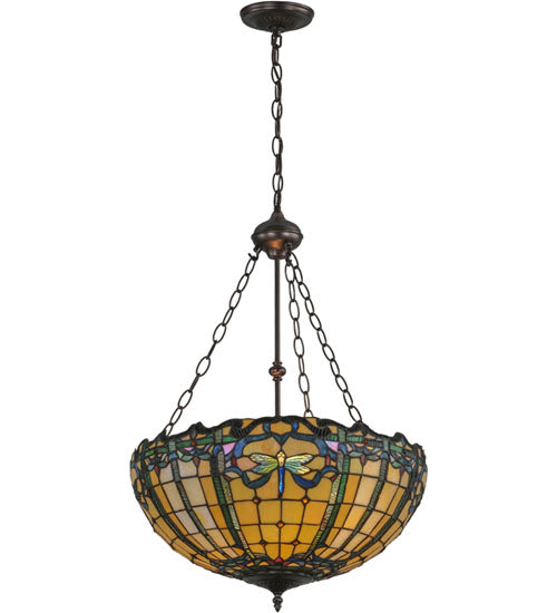 Meyda Lighting Dragonfly 20" 2-Light Mahogany Bronze Trellis Inverted Pendant Light With Multi-Colored Shade Glass