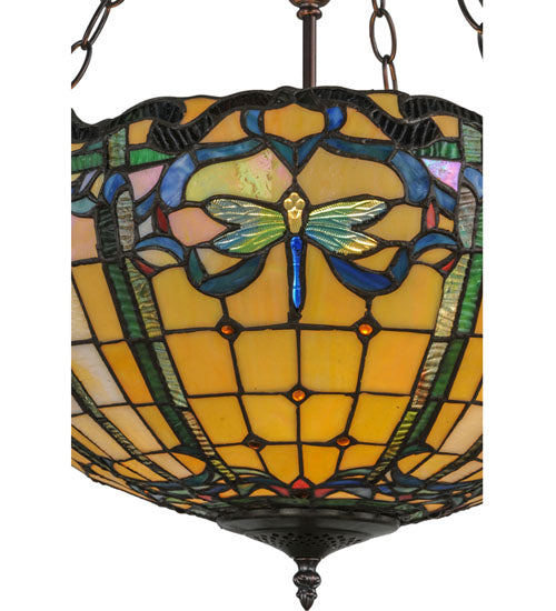 Meyda Lighting Dragonfly 20" 2-Light Mahogany Bronze Trellis Inverted Pendant Light With Multi-Colored Shade Glass