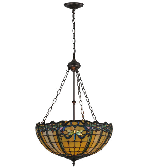 Meyda Lighting Dragonfly 20" 2-Light Mahogany Bronze Trellis Inverted Pendant Light With Multi-Colored Shade Glass