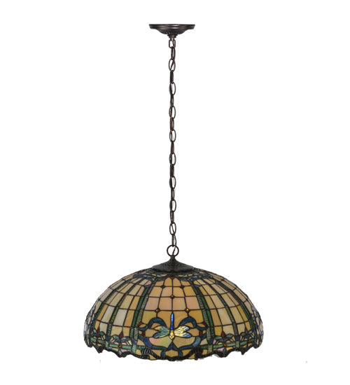 Meyda Lighting Dragonfly 20" 2-Light Mahogany Bronze Trellis Pendant Light With Multi-Colored Shade Glass